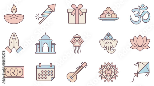 Set of Indian festival and cultural icons in a pastel color palette, featuring a diya, Ganesha, Om symbol, lotus, and other traditional elements for the Diwali celebration