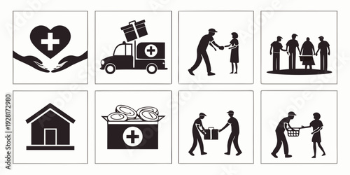 Icons representing community support, disaster response, and humanitarian aid efforts. Vector