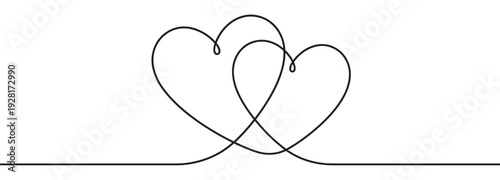 Two intertwined hearts drawn with a single continuous black line in a minimalist style, symbolizing love, romance, connection, and togetherness for Valentine's Day or a wedding