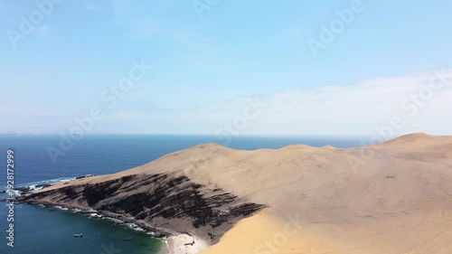 Drone aerial view, blue sea and clear sky blue mountain and boat in Paracas National Park, Peru 4k