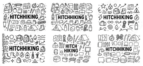 Hitchhiking doodle art with camping gear