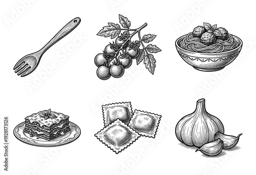 Vintage woodcut style collection of Italian cuisine elements featuring pasta, lasagna, ravioli, tomatoes, garlic, and kitchen utensils