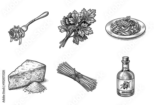 Set of hand drawn italian food icons including pasta noodles parsley cheese and olive oil in vintage woodcut engraving style