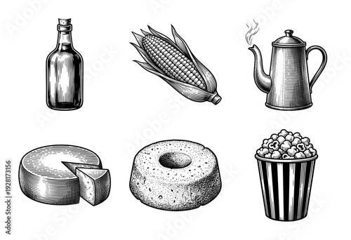 Vintage engraving style collection of food and kitchen items featuring corn popcorn cheese cake glass bottle and steaming kettle