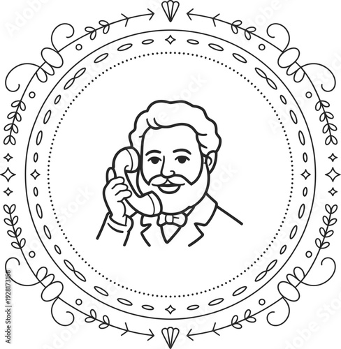 Illustration of historical inventor using old telephone within ornate circular frame logo