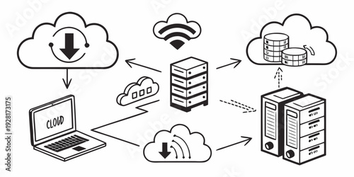 Illustration of a laptop connected to various online services and databases Vector