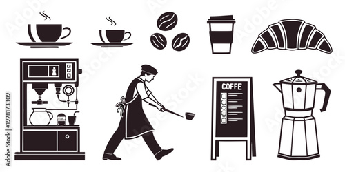 A man walking in a coffee shop with various items around him. Vector
