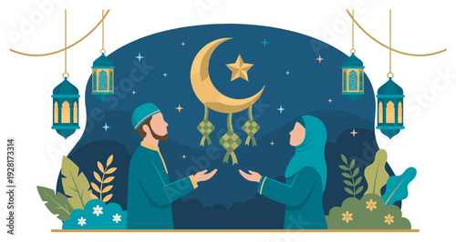Muslim couple in traditional Islamic clothing celebrating a festive holiday at night with hanging lanterns, a crescent moon, and ketupat in a flat vector illustration style
