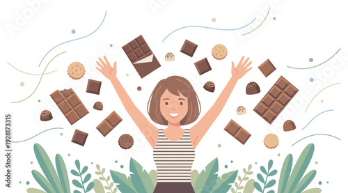 Joyful cartoon woman with short brown hair celebrates with her arms raised amidst a variety of floating chocolates, sweets, and cookies in a charming flat design