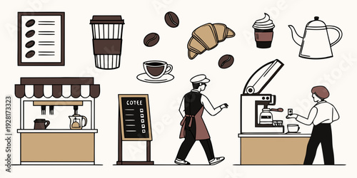 A bustling coffee shop scene with people enjoying various beverages and snacks Vector