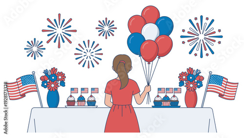 Young girl with a ponytail holding red, white, and blue balloons at a patriotic party with a decorated table featuring cupcakes, flags, and flowers under festive fireworks