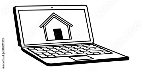 Remote Work Laptop with Home Icon – Minimal Line Vector, Flat Design, Isolated on Light Background