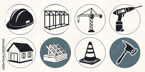 A diverse collection of various structures and objects with a focus on architecture and design. Vector