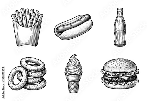 Vintage engraving style fast food collection featuring hamburger hot dog french fries onion rings soft serve ice cream and soda bottle
