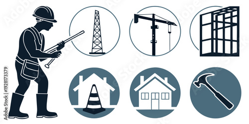 Construction worker with tools and blueprints representing building and safety Vector