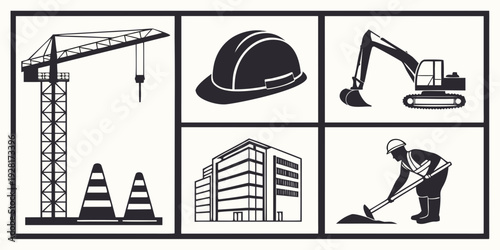Diverse construction equipment and safety gear showcased in a collage format. Vector