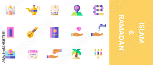 Flat colorful Ramadan and Islamic icon set showing mosque, lantern, prayer mat, Quran, charity, water, dates, candle, and Eid symbols for Muslim culture and holy month themes.