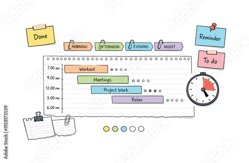 Daily schedule timeline with time blocks, timer and notebook page scraps, sticky notes and progress dots for Time blocking method