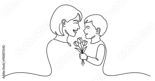 Continuous line drawing of a son giving his mother a bouquet of tulips for a special occasion, showing a moment of love and appreciation in a minimalist artistic style
