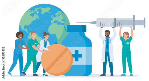 Diverse team of doctors and nurses holding a giant pill, syringe, and medicine bottle in front of the planet Earth, symbolizing global healthcare and international cooperation