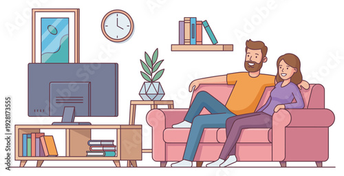 Happy young couple sitting together on a pink sofa watching television in a cozy living room, a smiling man and woman relaxing at home during their leisure time in a line art illustration