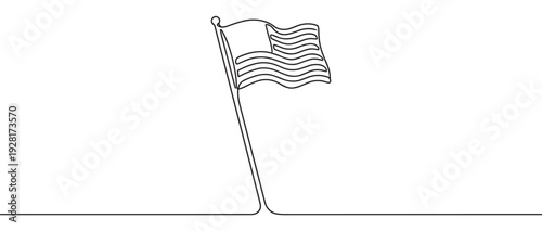 National flag with stars and stripes waving on a flagpole, created in a continuous single line drawing style for a minimalist and modern patriotic concept