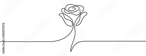 Single continuous line drawing of a rose flower with a stem and petals in a minimalist, elegant style, creating a simple and romantic black and white illustration for modern design