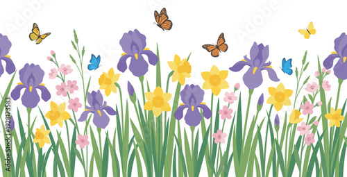 Colorful spring flower border with irises, daffodils, and butterflies in a cheerful flat vector illustration style, perfect for a seasonal greeting or nature-themed design