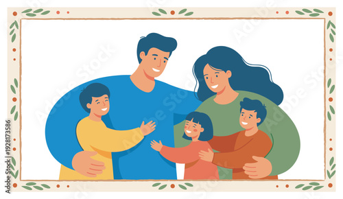 Happy cartoon family of five portrait illustration showing smiling parents hugging their three children in a warm and loving embrace inside a decorative picture frame