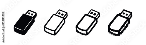 Isometric USB Flash Drive Icons Set - Portable Storage Symbols in Various Styles