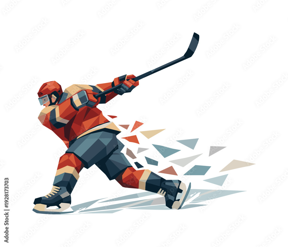 Obraz premium Low-poly vector illustration of a hockey player completing the slapshot follow-through, balanced angular stance with stick