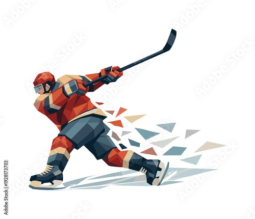Low-poly vector illustration of a hockey player completing the slapshot follow-through, balanced angular stance with stick
