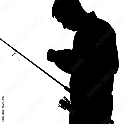 Silhouette of a man preparing fishing rod for angling activity.