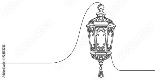 Traditional Islamic fanoos lantern with intricate patterns, created with a single continuous black line in an elegant, minimalist style for holy month celebrations and greetings