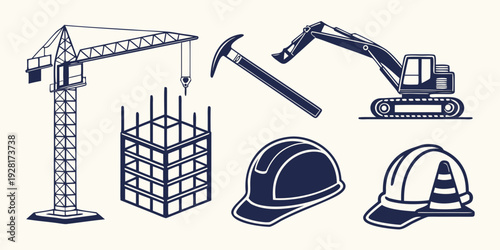 Construction equipment and safety gear illustrated in monochrome Vector