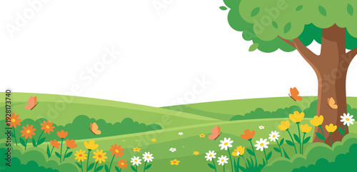 Cartoon illustration of a beautiful summer landscape with rolling green hills, a large tree, colorful flowers, and flying butterflies in a cheerful and idyllic scene