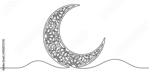 Crescent moon with an intricate arabesque pattern drawn in a continuous single line style, representing a spiritual symbol of Islamic faith for Ramadan and Eid celebrations