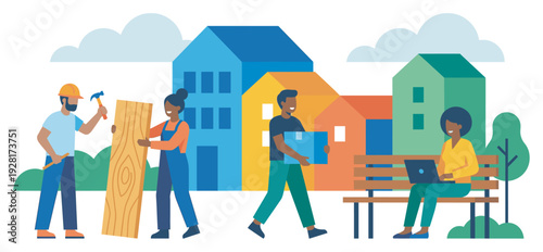 Diverse group of people engaged in various community activities like home renovation, moving house, and working outdoors in a colorful neighborhood illustration
