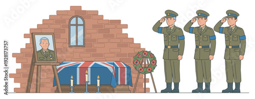 Three uniformed soldiers saluting at a funeral ceremony for a fallen comrade with a flag-draped coffin, poppy wreath, and portrait in a solemn memorial service illustration