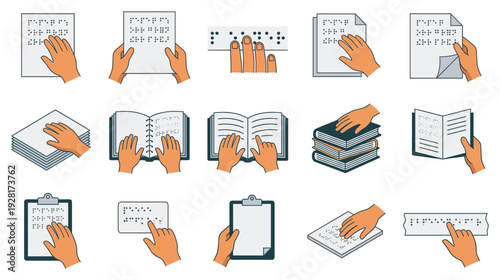 Collection of Braille reading illustrations shows hands touching tactile dots on paper, books, and signs, representing accessibility and communication for the visually impaired