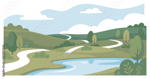 Flat vector illustration of a peaceful summer landscape with green rolling hills, a winding path, a tranquil lake, and a cloudy blue sky in a minimalist cartoon style