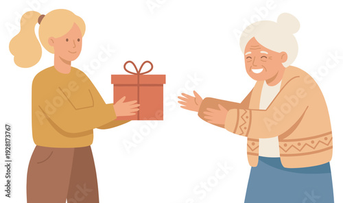 Young blonde woman giving a wrapped gift box to a happy elderly woman in a heartwarming flat vector illustration showing family love, care, and celebration for a holiday