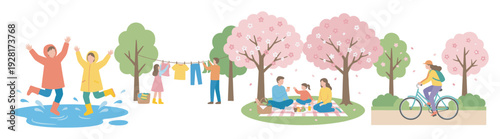 Set of flat vector illustrations depicting various spring season activities including a family picnic, children playing in rain, a couple hanging laundry, and a woman cycling