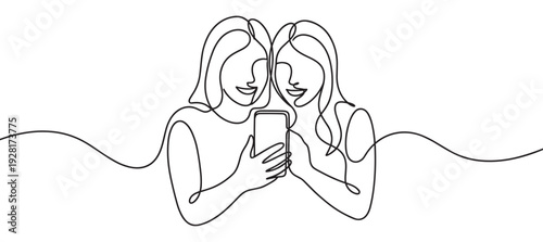 Continuous single line drawing of two happy women looking at a smartphone, a minimalist black and white illustration representing friendship, connection and modern communication
