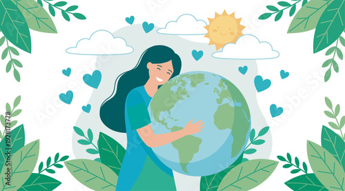 Smiling cartoon woman lovingly hugging the Earth in a conceptual flat illustration about environmental care, conservation, and love for our planet under a happy sun