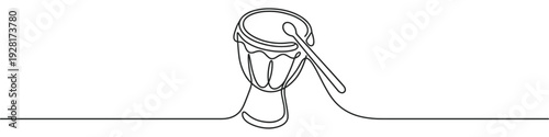 Djembe drum with a mallet drawn in a single continuous black line, illustrating a minimalist musical instrument concept with a simple, elegant outline for a modern design