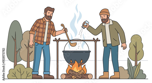 Two bearded men friends cooking a meal together outdoors in a large cauldron over a crackling campfire, one stirring with a ladle while the other adds seasoning