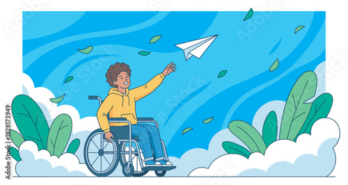 Happy young person in a wheelchair launches a paper airplane into the bright blue sky, symbolizing freedom, hope, and dreams in a positive, uplifting illustration