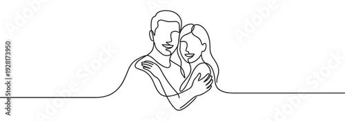 Continuous line art of a loving couple in a tender embrace, a minimalist black outline sketch capturing a moment of happiness, intimacy, and romantic connection between two people