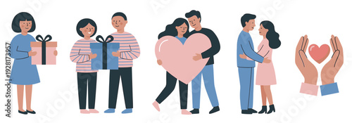 Set of charming flat vector illustrations showing romantic couples in love, giving presents, embracing, and holding hearts, perfect for Valentine's Day or anniversary celebrations